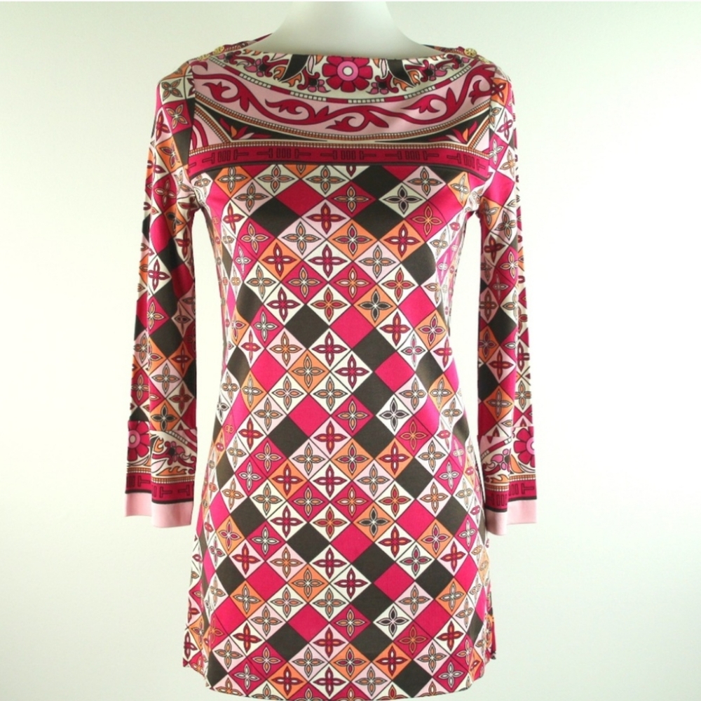 Tory Burch 💯 Silk  Monogram Multicolor Pink Brown Floral Tunic Dress Large